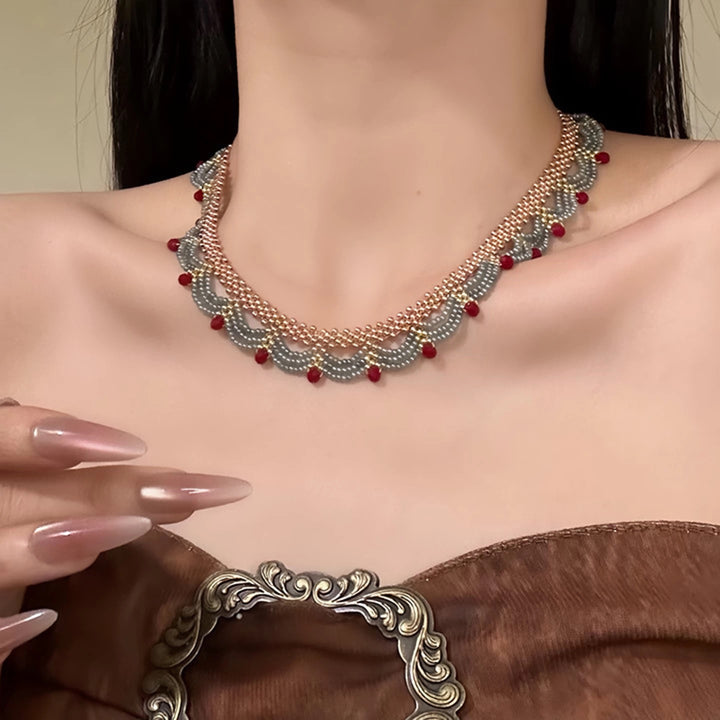 Multi-Layer Red Blue Gold Clashing Beads Necklace