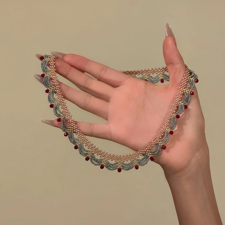 Multi-Layer Red Blue Gold Clashing Beads Necklace