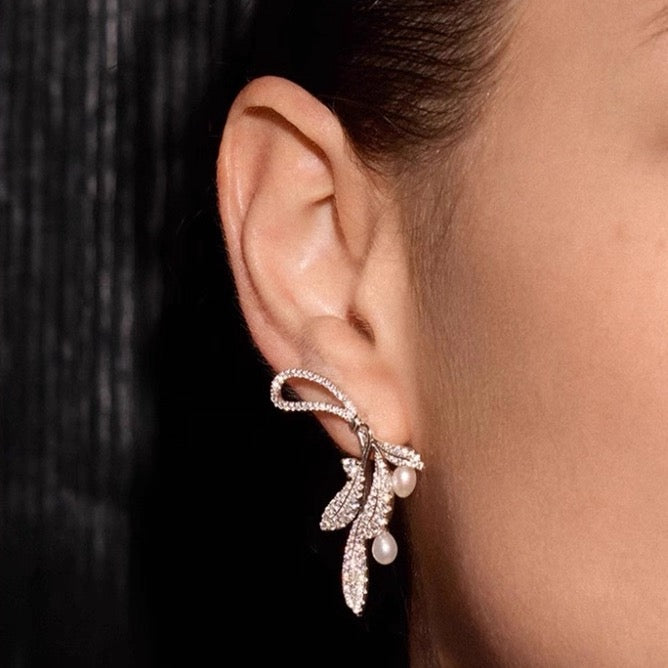 Whispering Leaves Sterling Silver Pearl Earrings