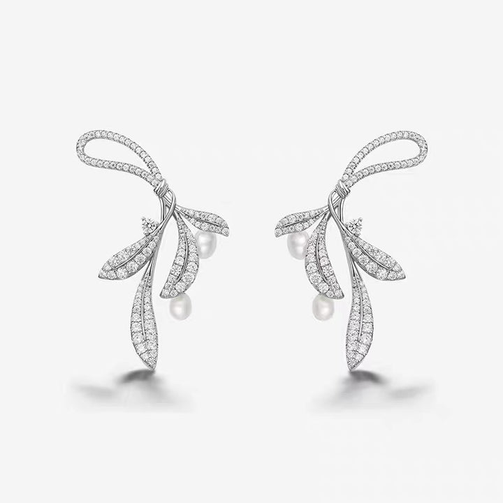 Whispering Leaves Sterling Silver Pearl Earrings