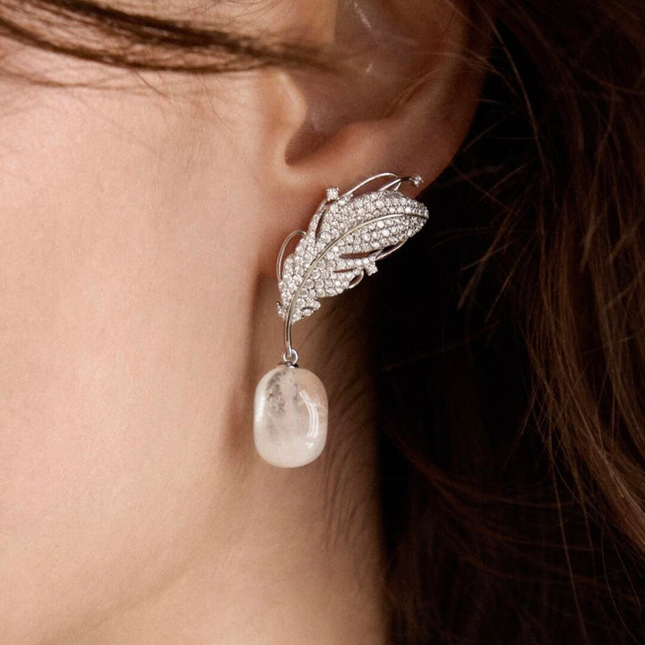 Feather Leaf Pearl Drop Earrings