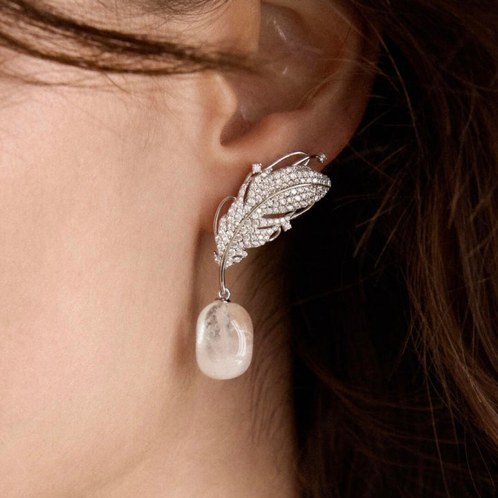 Feather Leaf Pearl Drop Earrings