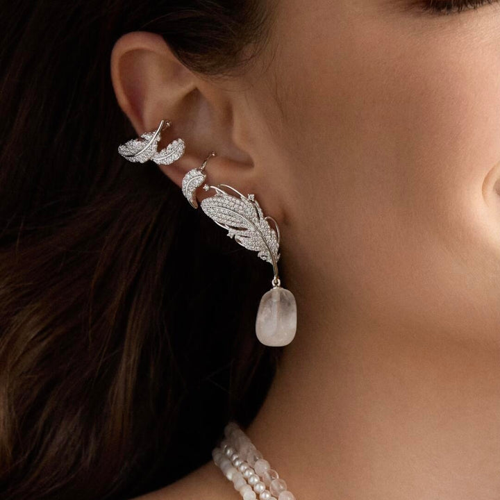 Feather Leaf Pearl Drop Earrings