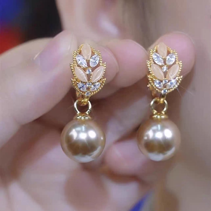 Golden Pearl Leaf Drop Earrings