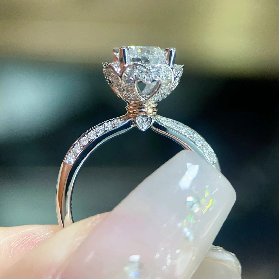 Lotus Crown Floral Halo Moissanite Engagement Ring