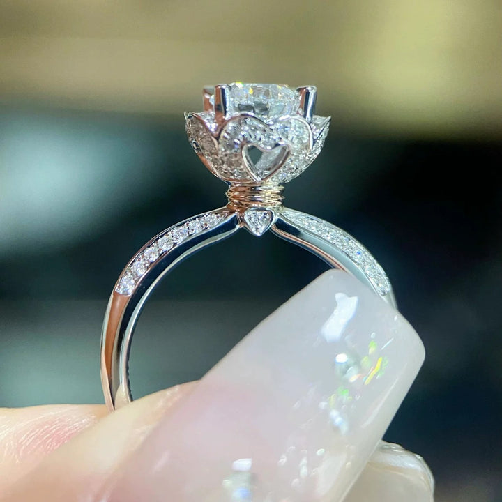 Lotus Crown Floral Halo Moissanite Engagement Ring