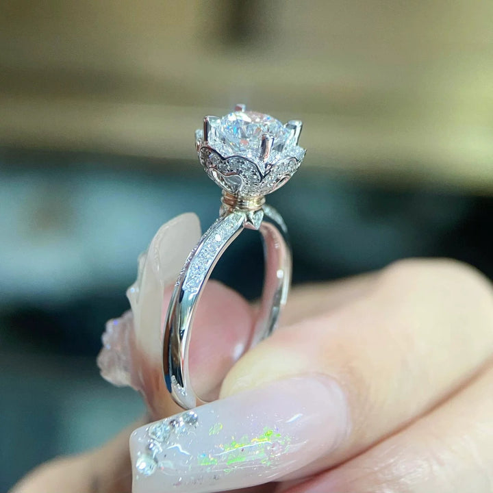 Lotus Crown Floral Halo Moissanite Engagement Ring