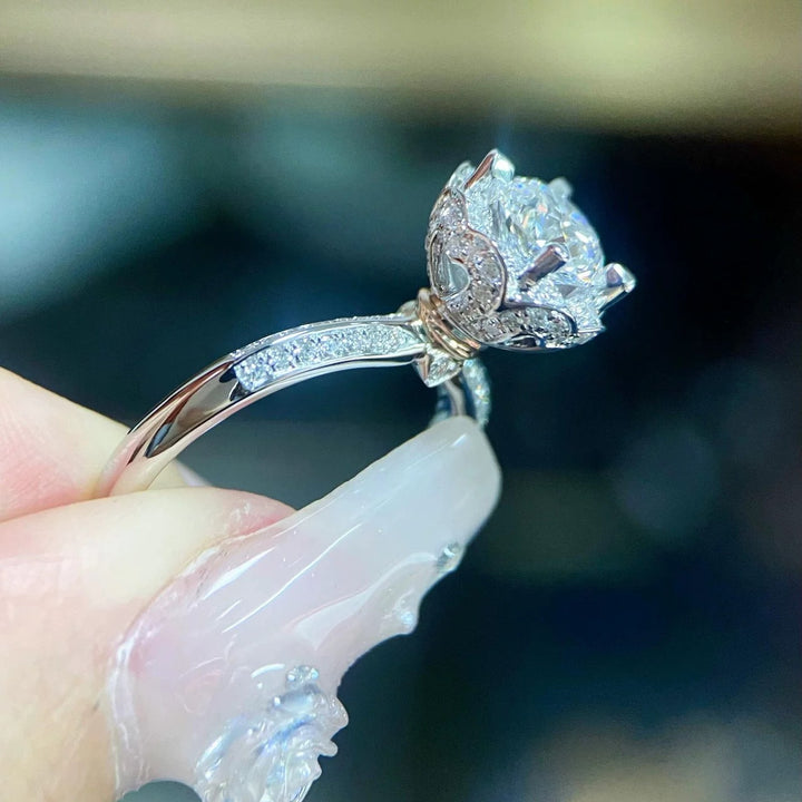 Lotus Crown Floral Halo Moissanite Engagement Ring