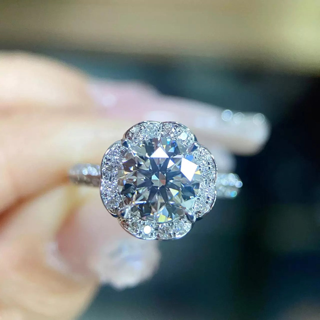 Lotus Crown Floral Halo Moissanite Engagement Ring