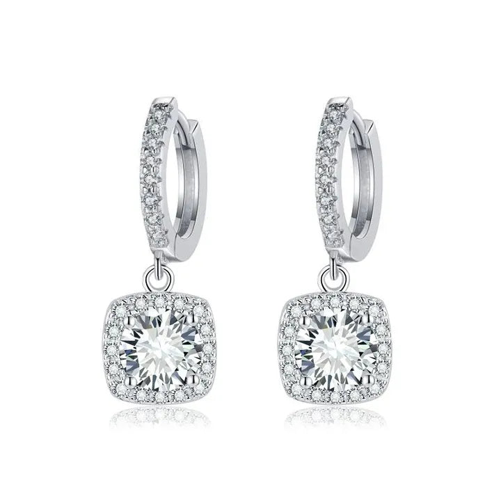 Square Halo Moissanite Drop Earrings