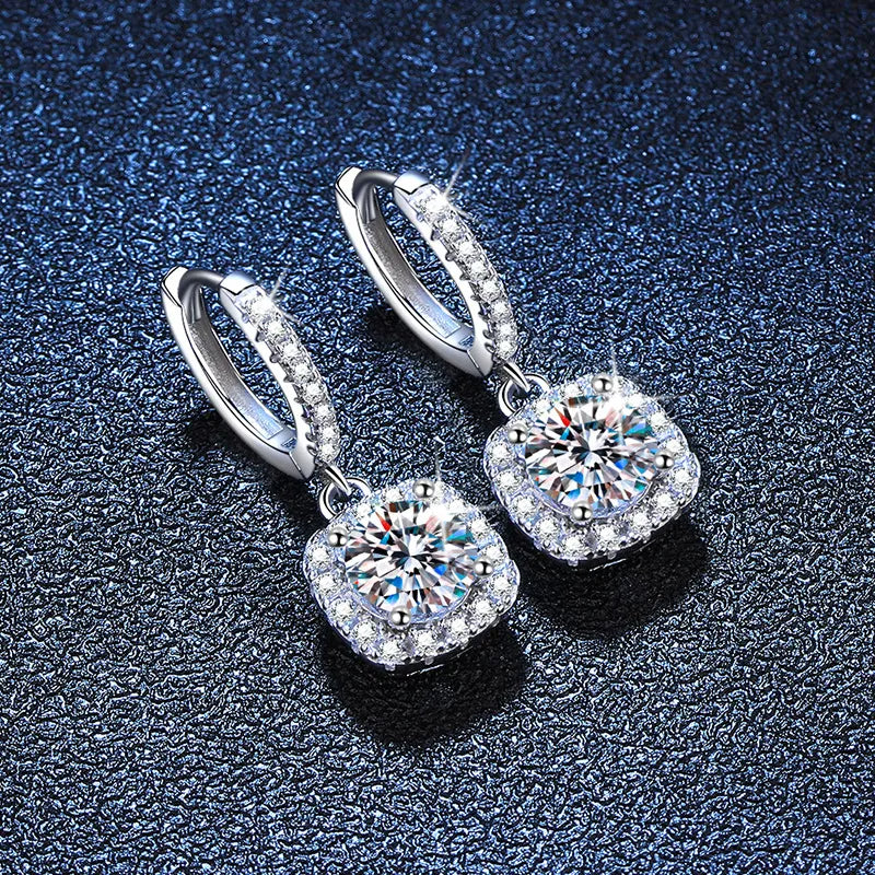Square Halo Moissanite Drop Earrings