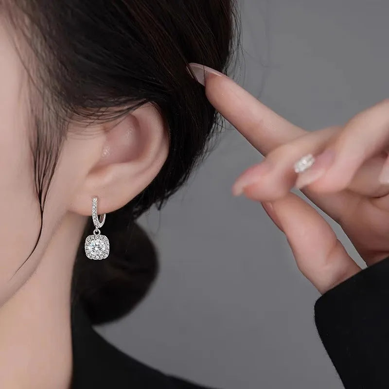 Square Halo Moissanite Drop Earrings