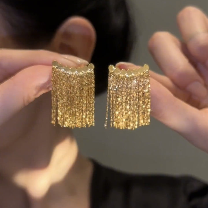 Curved Bar Long Tassel Earrings