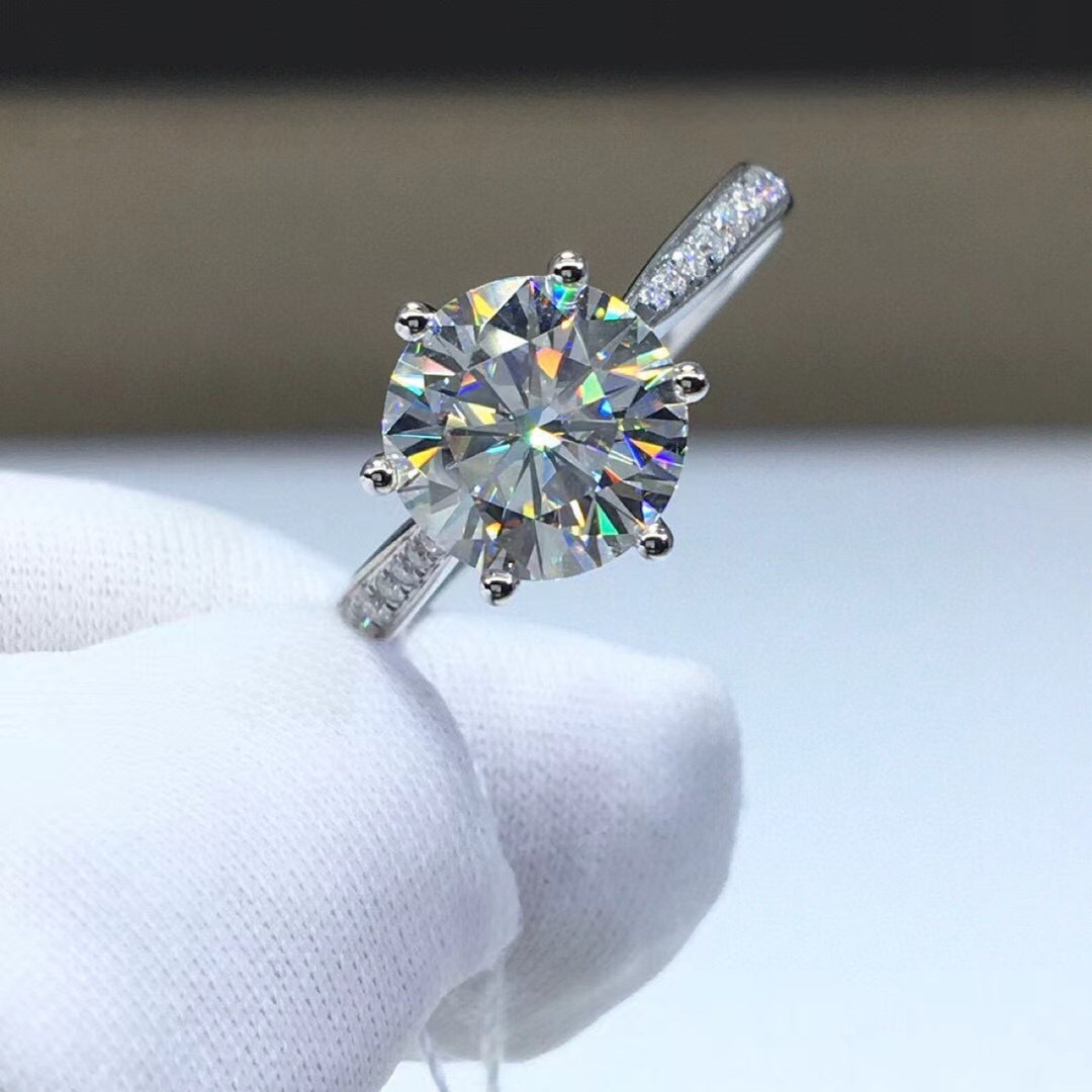 Aurora Six-Prong Moissanite Solitaire Ring with Pavé Shoulders