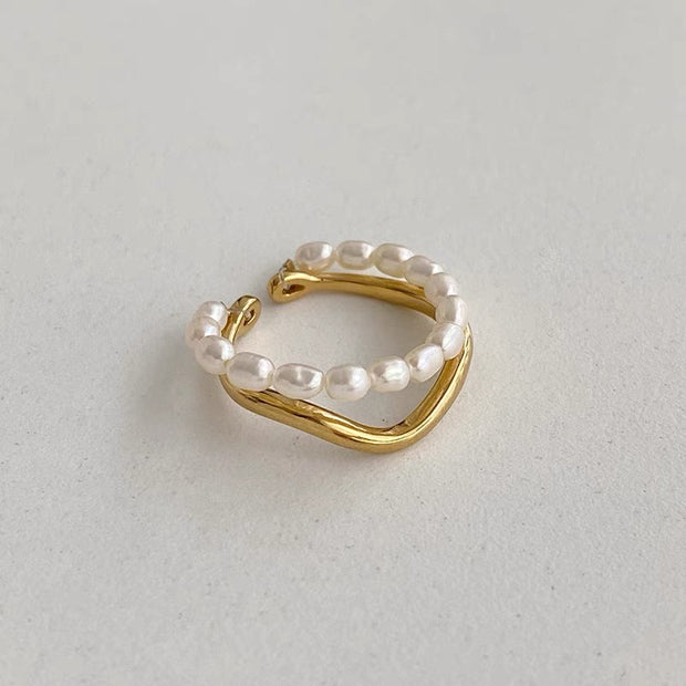 Double Layer Freshwater Pearl Metal Ring