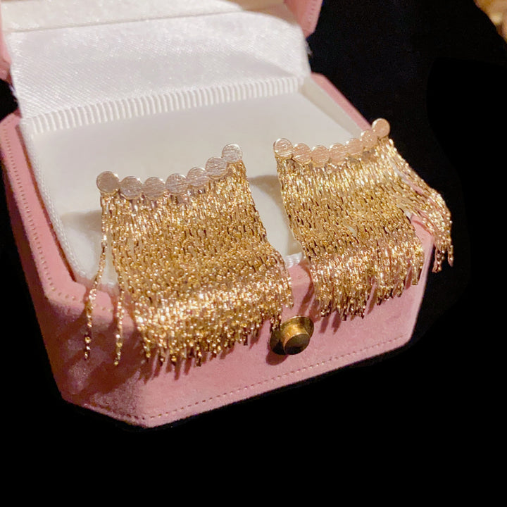 Curved Bar Long Tassel Earrings