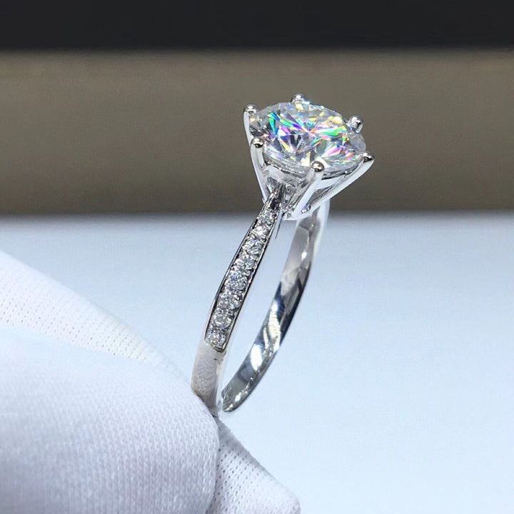 Aurora Six-Prong Moissanite Solitaire Ring with Pavé Shoulders