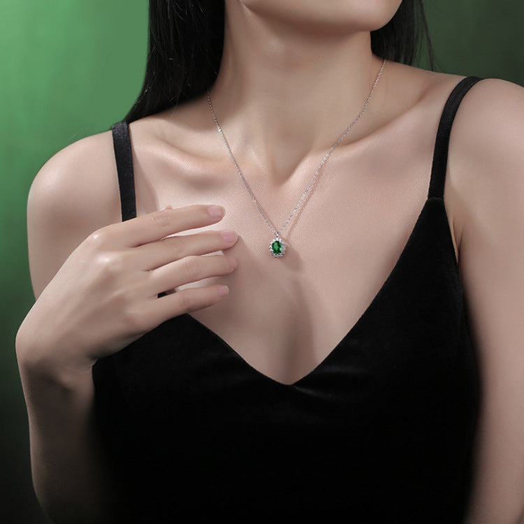 Green Oval Emerald Halo Pendant