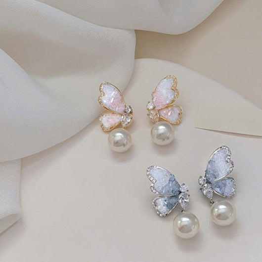 Gradient Crystal Butterfly Pearl Earrings