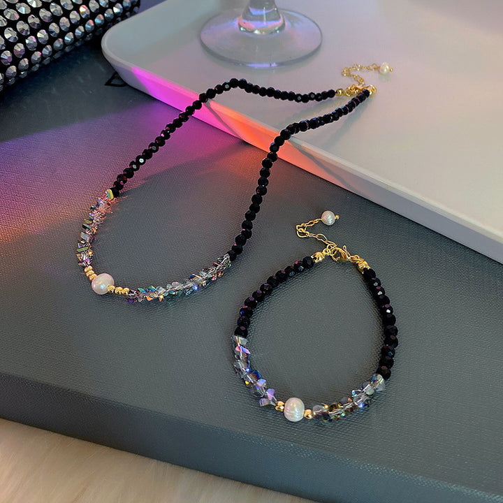 Black Crystal Natural Pearl Bracelet And Necklace Set