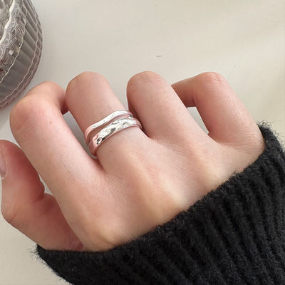 Sterling Silver Irregular Texture Double Layer Ring