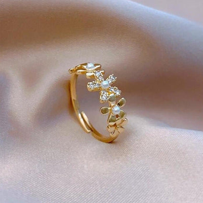 Simple Flower Pearl Zirconia Adjustable Ring