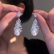 Micro Zirconia Feather Pearl Earrings