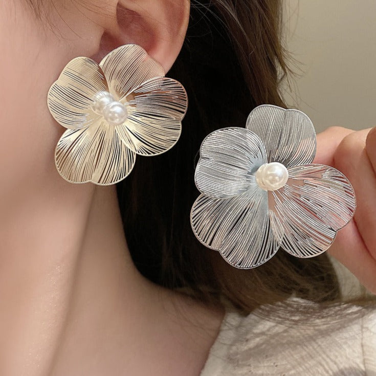 Silver Hollow Flower Petal Earrings
