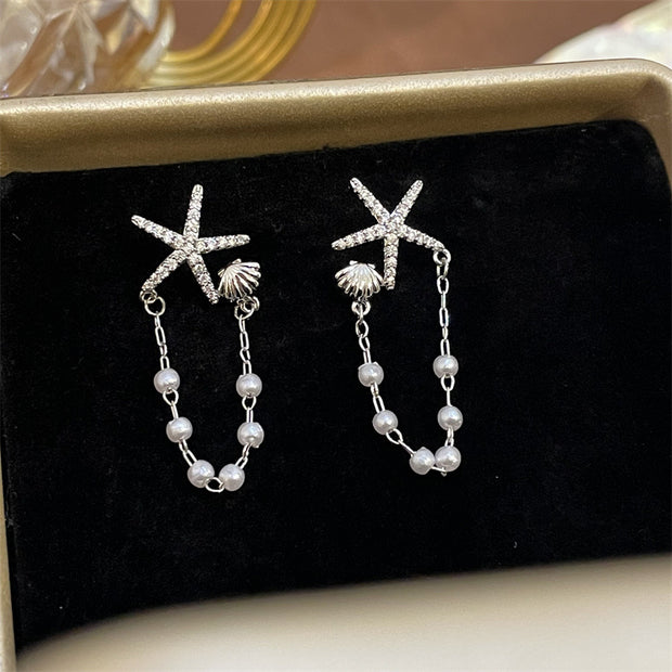 Full Diamond Starfish Tassel Pearl Earrings