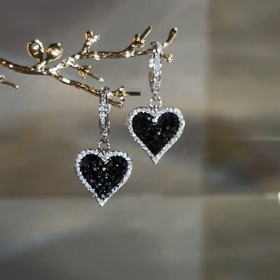 Black Heart Earrings with Sparkling Diamonds