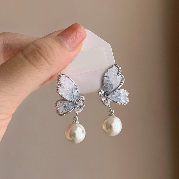 Gradient Crystal Butterfly Pearl Earrings