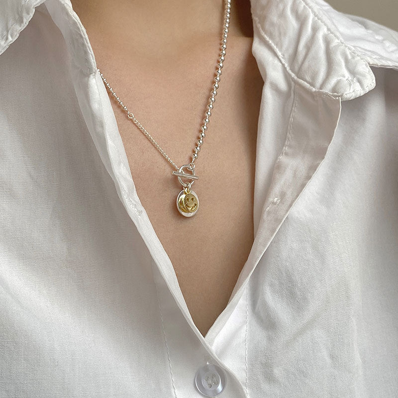 S925 Sterling Silver Round Smiley Necklace