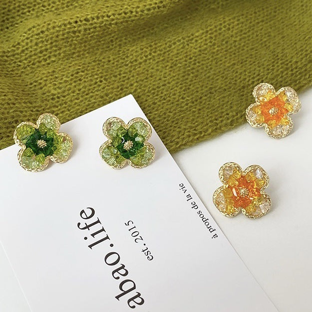 Gradient Crystal Green Flower Earrings