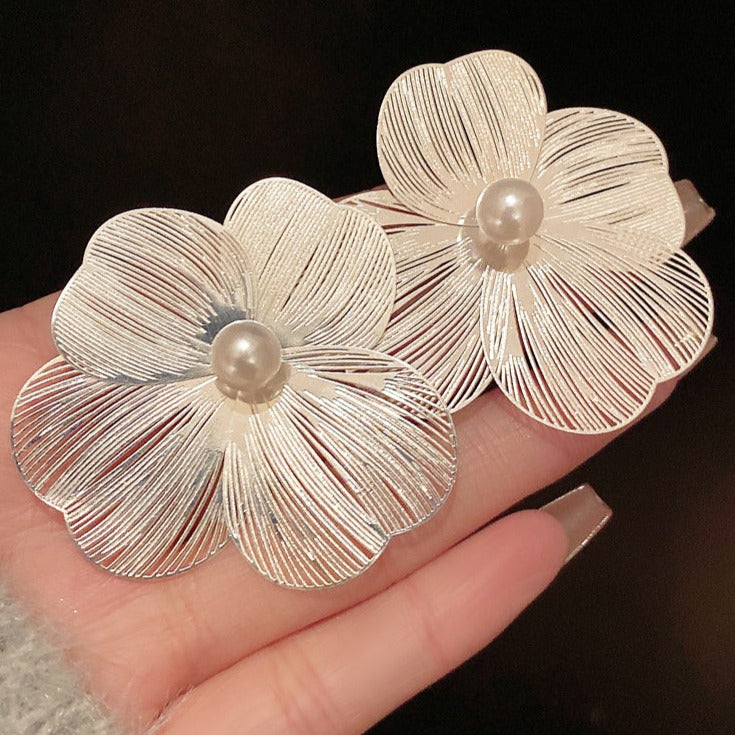 Silver Hollow Flower Petal Earrings