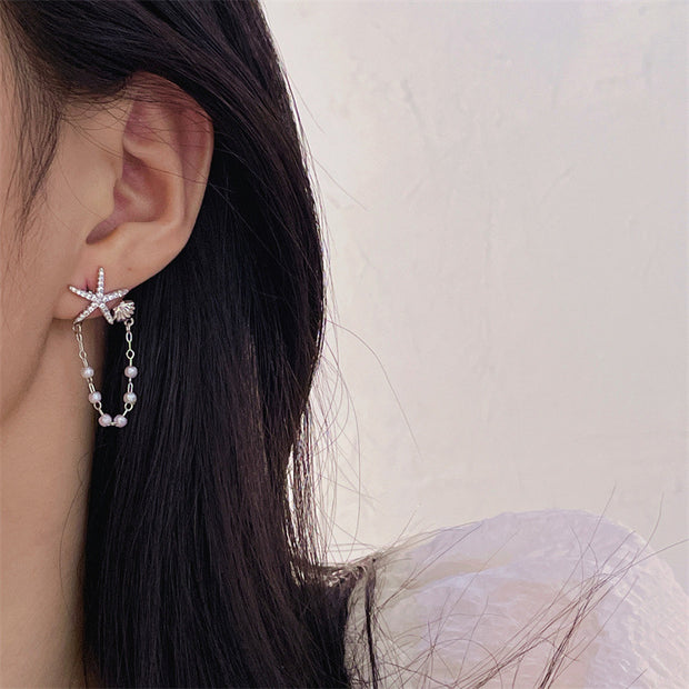 Full Diamond Starfish Tassel Pearl Earrings