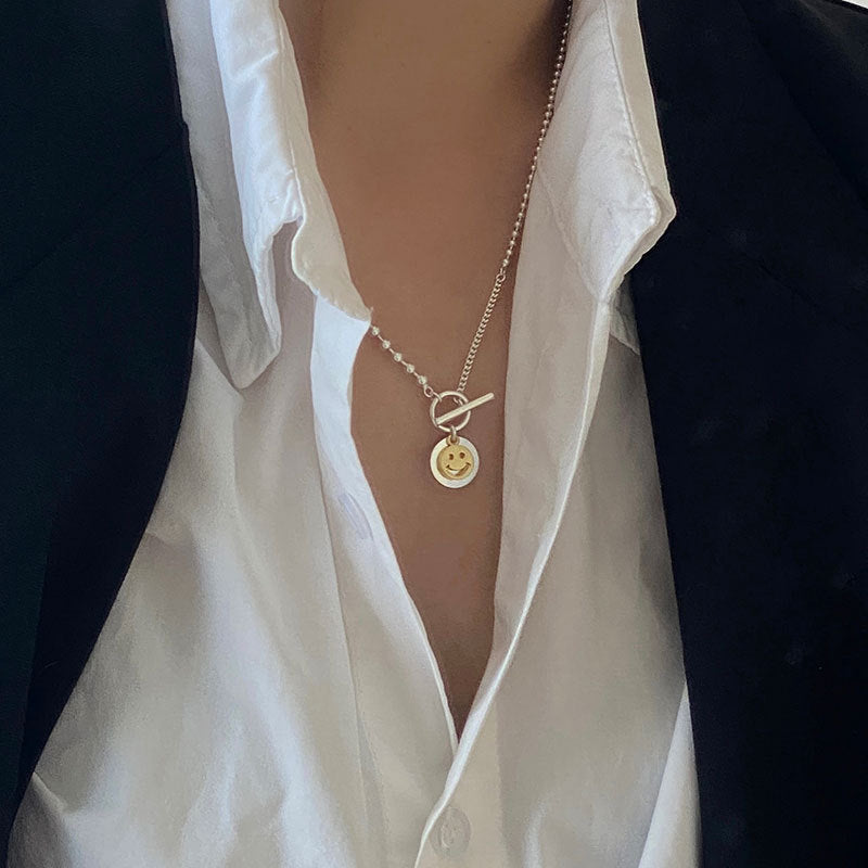 S925 Sterling Silver Round Smiley Necklace