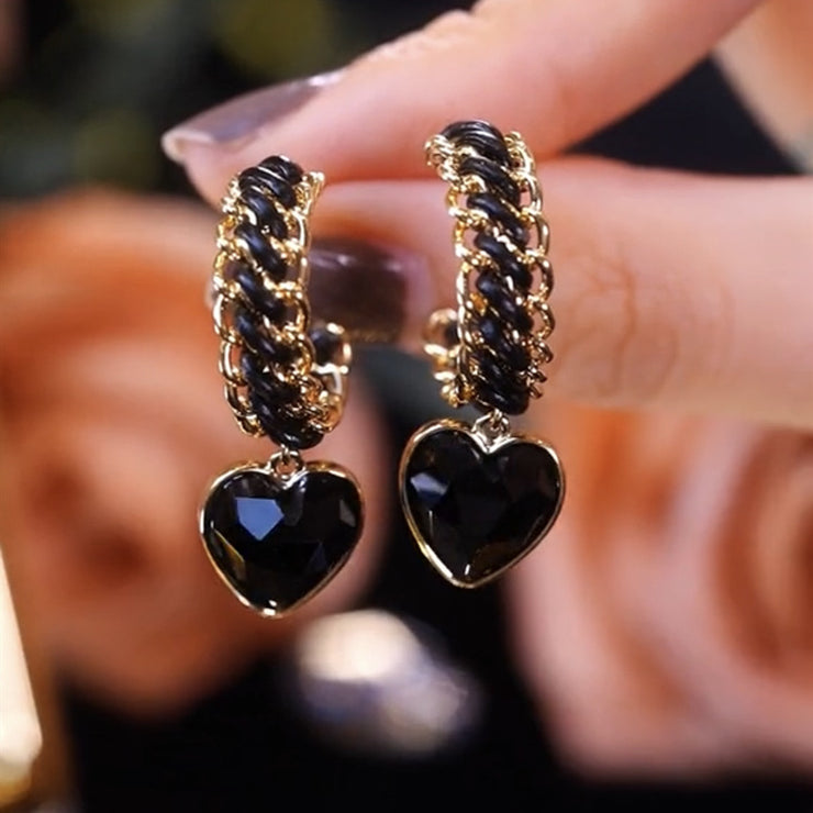 Braided Chain Black Heart Earrings