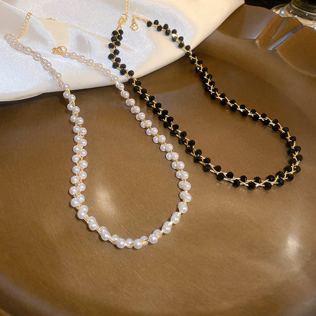 Crystal Pearl Twisted Double Layers Necklace