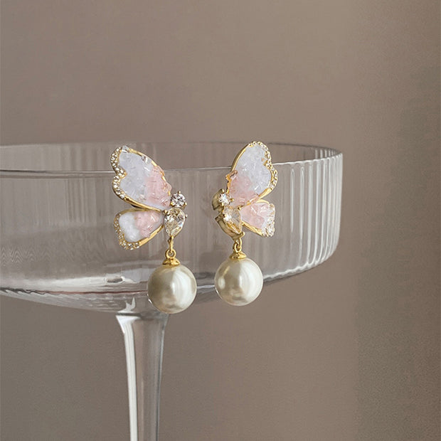 Gradient Crystal Butterfly Pearl Earrings