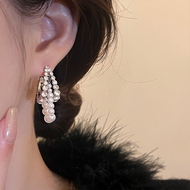 C-shaped multi-layer zirconia pearl earrings