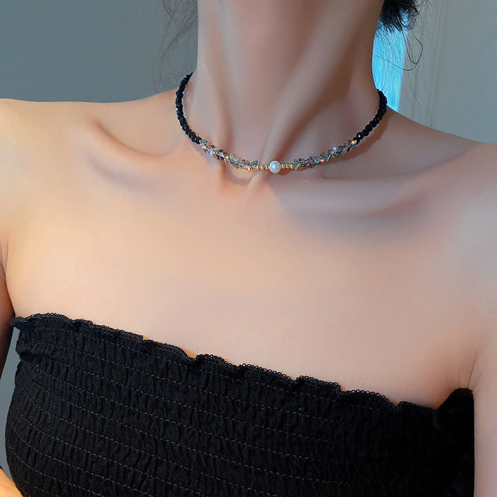 Black Crystal Natural Pearl Bracelet And Necklace Set