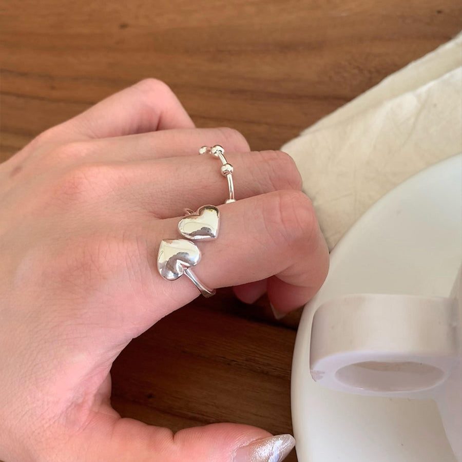 S925 Sterling Silver Dual Heart Adjustable Ring