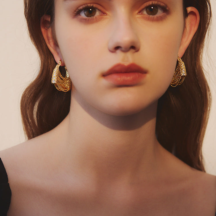 Zirconia Bag Chain Tassel Hoop Earring