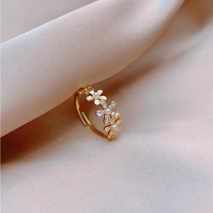 Simple Flower Pearl Zirconia Adjustable Ring