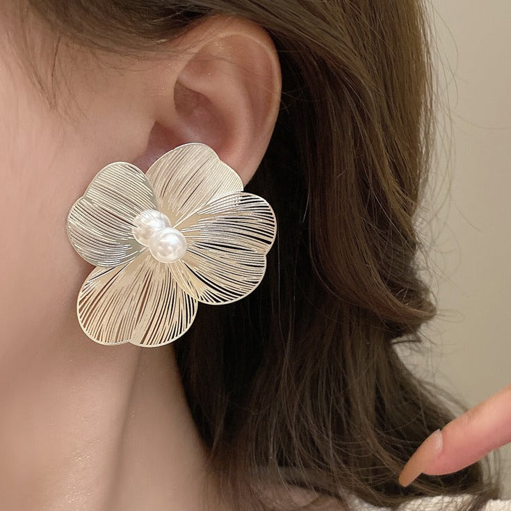 Silver Hollow Flower Petal Earrings