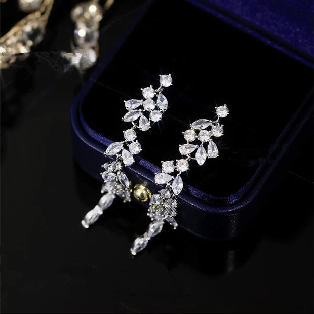 Sparkling Zirconia Leaf Tassel Earrings