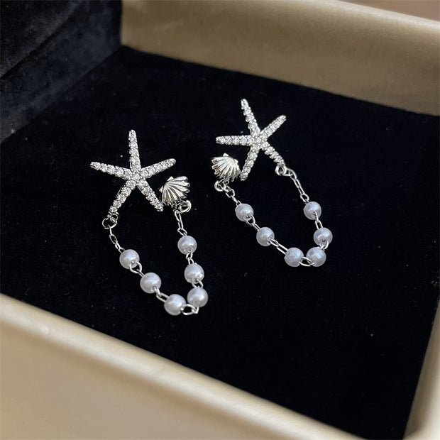 Full Diamond Starfish Tassel Pearl Earrings