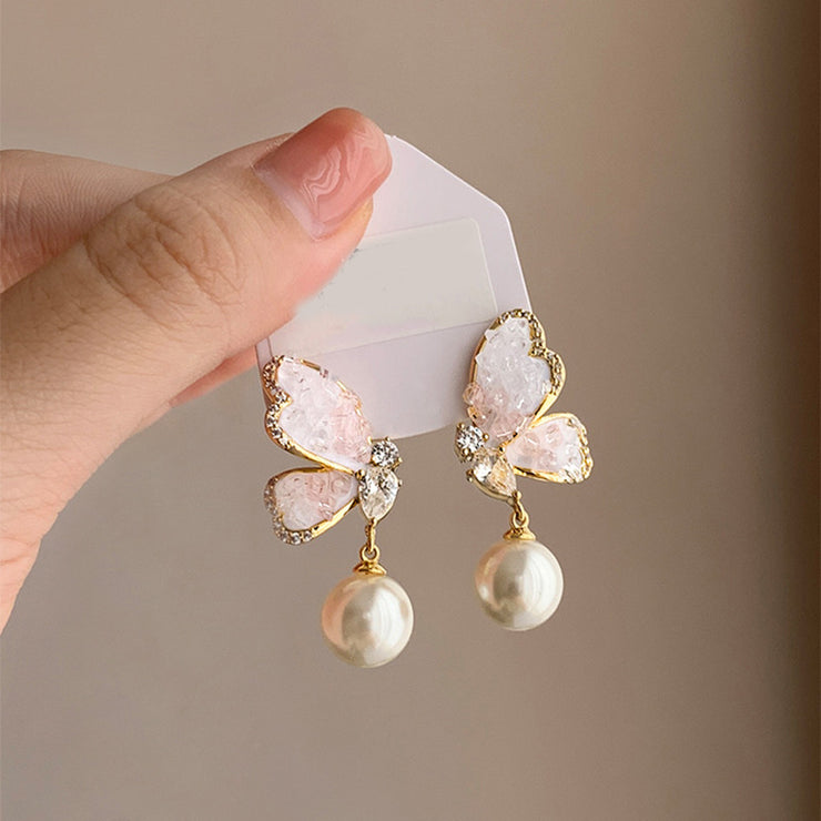 Gradient Crystal Butterfly Pearl Earrings