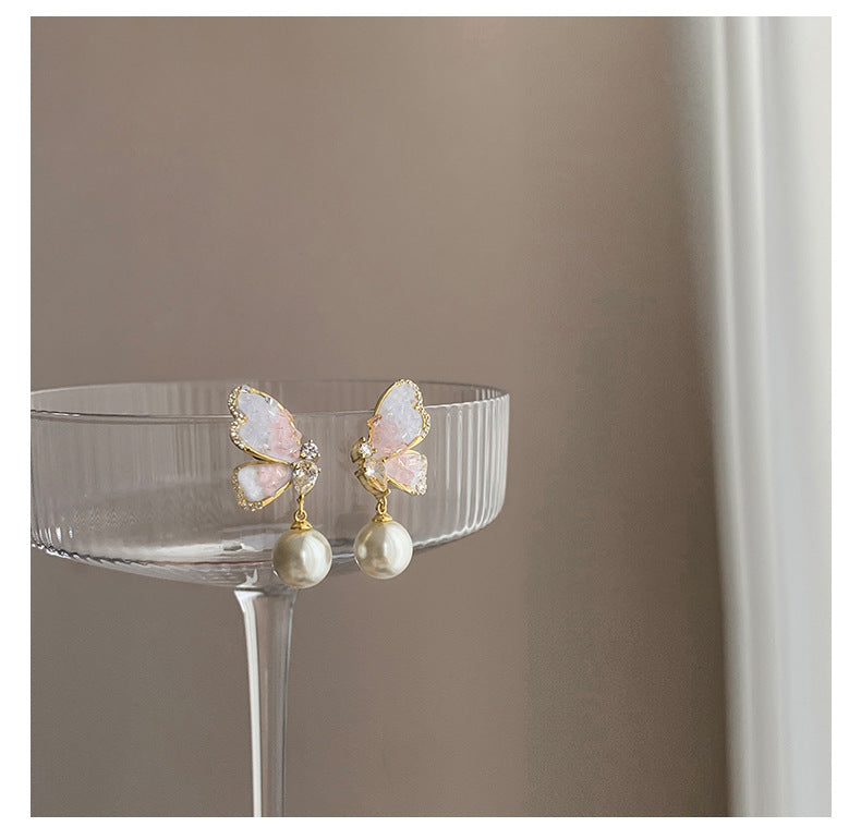 Gradient Crystal Butterfly Pearl Earrings