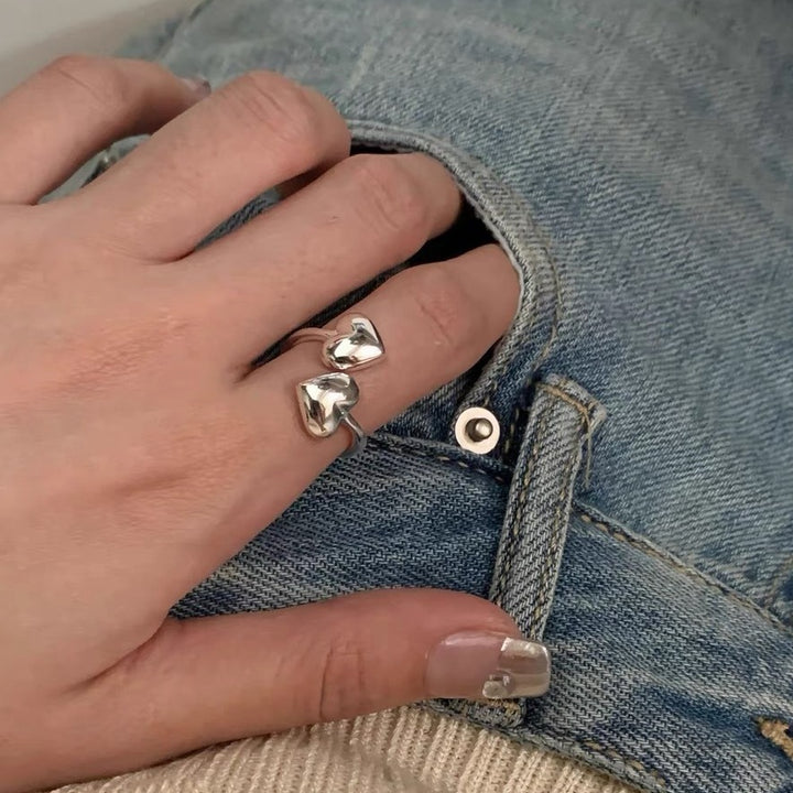 S925 Sterling Silver Dual Heart Adjustable Ring